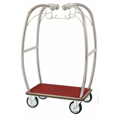 Aarco Curved Bellman's Luggage Cart, All Welded Construction, Chrome Finish, 6 in Pneumatic Wheels, Red Carpet Bed and Bumper Guards, 47.25 in L x 25.5 in W x 73 in H BEL-101C