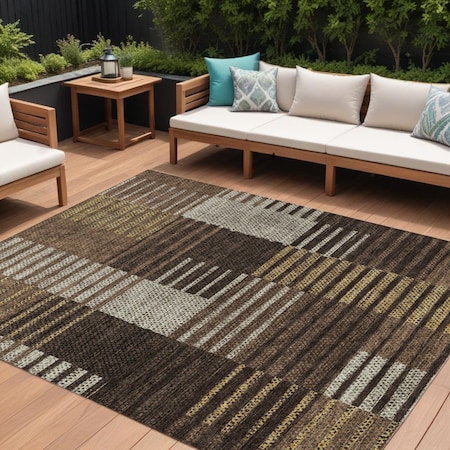 Homeroots 9' X 12' Chocolate Ivory And Gold Striped Washable Indoor Outdoor Area Rug 613161