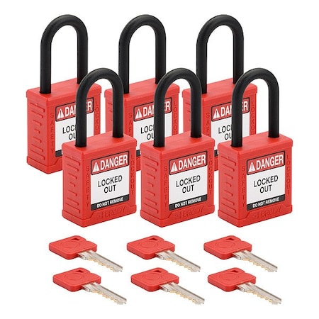 Brady Padlock, 6 Pins, Red, PK6, Keyed Alike, Nylon, Red, 1 1/2 in Shackle Height, 1 1/2 in Body Width, 6 PK SDPL-RED-38PL-KA6