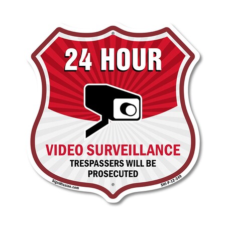 Signmission 24 Hour Surveillance Shield Sign Video S, 12 Inch X 12 Inch, Plastic Sign SHI-P-12-348