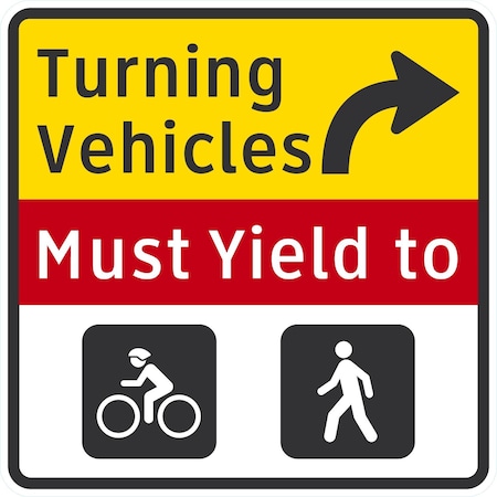 Lyle Turning Vehicles Must Yield Pedestrians & Bicycles (Left Arr, 48x48, Engineer Grade, White G-16674-EG_48x48