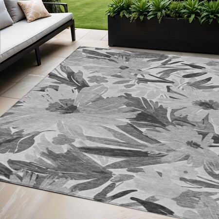 Homeroots 5' X 8' Gray And Charcoal Floral Washable Indoor Outdoor Area Rug 610981