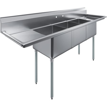 Amgood 90 in. x 23.5 in. Stainless Steel Three Compartment Sink with 18 in. x 18 in. Bowls and Left and Right Drainboards SINK S3C-181812-18LR-NF-Z