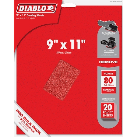 Diablo 9'' x 11'' 80 Grit Coarse Sandpaper, 20PK DCS911080S20G