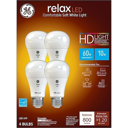 Ge 96687 LED Bulb, General Purpose, 800 Lumens, 10 W, A19 Lamp, 60 W Equivalent, E26 Lamp Base, PK4 93129431