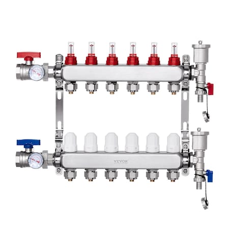 Vevor 6-Branch Radiant Heat Manifold 1/2 in PEX Tubing Floor Heating Manifold Set 7012-25-06-00-NPT