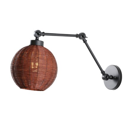 Jonathan Y Lyla 22" 1-Light Mid-Century Vintage Rattan Globe Swing Arm LED Sconce, Dark Brown/Black JYL1604A
