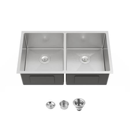 Wrightmaster 33 in. Undermount Double Bowl 20 Gauge Silver Stainless Steel Kitchen Sink with Drain ZOR-08D-331908