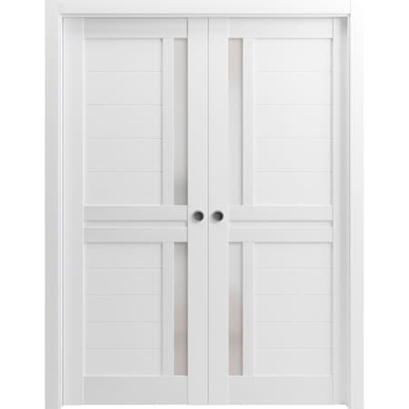 Sartodoors Sliding French Dbl Pocket Doors 48 x 80in, White Silk W/ Frosted Glass, Kit Trims Rail Hardware VEREGIO7288DP-WS-48