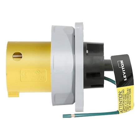 Leviton Pin & Sleeve Inlet, 60 A, 125V AC, Three Phase, 2 Pole, IEC Grounding, Yellow, NEMA 3R, 4X, 6P, 12 360B4WLEV