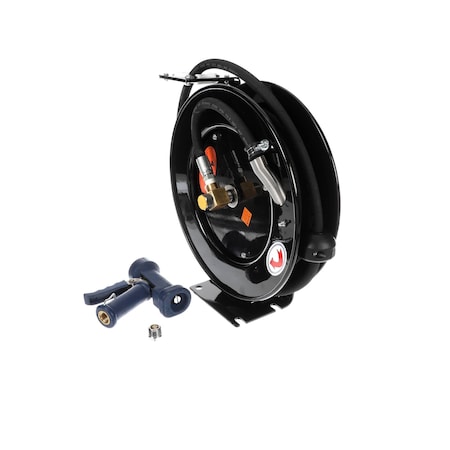 T&S Brass Hose Reel w/Front Trigger Water Gun, Open, Powder Coated Steel, 3/8in ID x 25' Hose, Ratcheting Sys 5HR-222-12