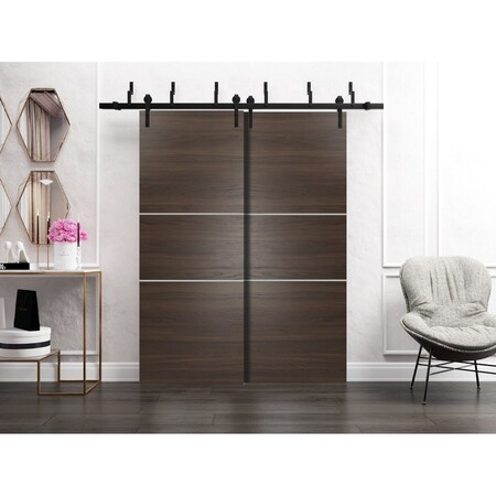 Sartodoors Sliding Closet Barn Bypass Doors, Planum 0110 Chocolate Ash and Aluminum Strips, Sturdy Top Mount 6 PLANUM0110BBB-CA-7284