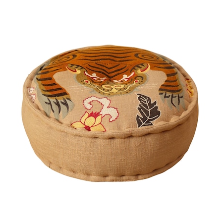 Homeroots 24" Beige and Brown Cotton Round Tiger Print Pouf Ottoman 634166