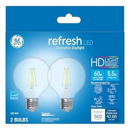 Ge Refresh Series LED Light Bulb, G25 Lamp, 60 W Equivalent, Dimmable, Clear, Daylight Light, PK2 31705