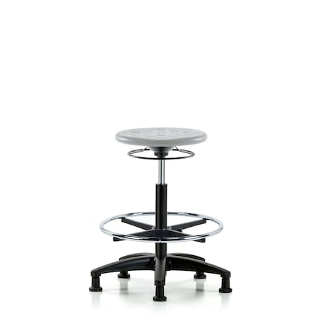 Blue Ridge Ergonomics Polyurethane Stool-High Bench Height with Chrome Foot Ring & Stationary Glides in Gray Polyurethane IPHBSO-RG-CF-RG-GRY