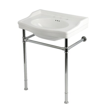 Kingston Brass 30" Ceramic Console Sink with Stainless Steel Legs, 8-Inch, 3-Hole, White/Polished Chrome KVPB30229W81