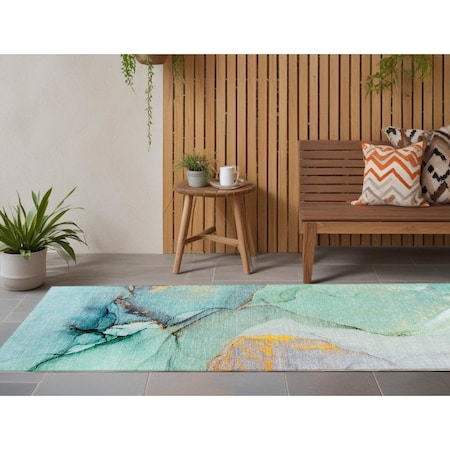 Homeroots 8' Runner Teal Abstract Washable Non Skid Indoor Outdoor Runner Rug 559713