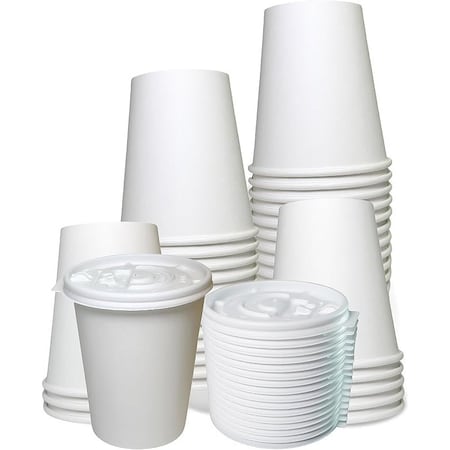 Ecoquality 8oz White Disposable Paper Coffee Cups with White Flat Lids - For Office, and Travel, 50PK B0DZ8GC1G3