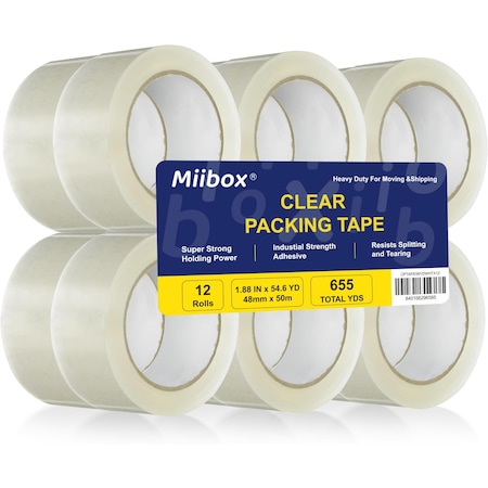 Miibox Clear Packing Tape 12 Rolls, Total 655Y, Clear, 1.88in x 54.6 yd, Ultra Strong OPTAPE56YDWHTX12
