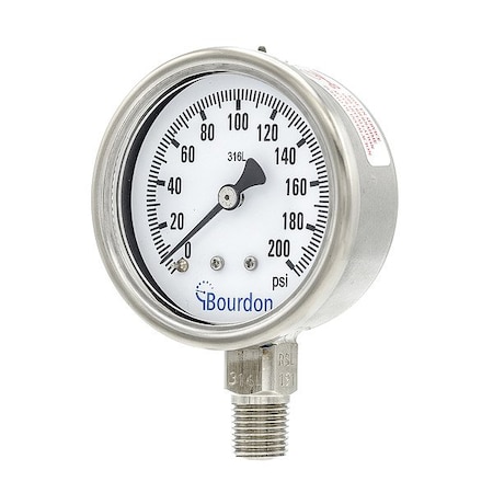 Bourdon Pressure Gauge, 0 to 200 psi, 2 1/2 in Dial, 1/4 in NPT, Bottom Location MEX3-D50.H23/0133