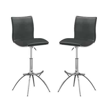 Homeroots Set of Two Gray and Silver Faux Leather and Metal Low Back Adjustable Height Bar Chairs, 2PK 555026