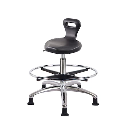 Blue Ridge Ergonomics Poly ESD Serpent Stool Chrome-Med Bench Height with Chrome FR&ESD Stat Glides in ESD Black Poly ESD-PSPMBSL-CR-CF-EG