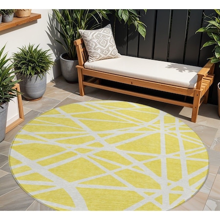 Homeroots 8' Yellow And Linen Round Geometric Washable Indoor Outdoor Area Rug 600500
