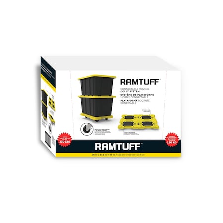Ramtuff Connectable Moving Dollies - Plastic Cart w/ 3 in Swivel Casters, 330 lb Capacity, Yellow, 4PK 606537