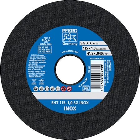 Pferd Cut-Off Wheel, Type 1, 4-1/2 in Dia, 0.040 in Thick, 7/8 in Arbor Hole Size, Aluminum Oxide 63642