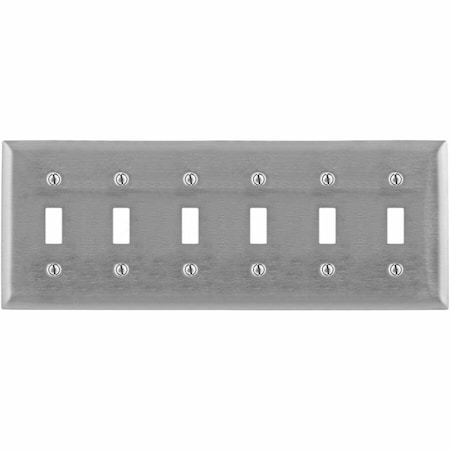 Hubbell Wiring Device-Kellems Wallplates and Boxes, Metallic Plates, 6- Gang, 6) Toggle Openings, Standard Size, Stainless Steel SS6