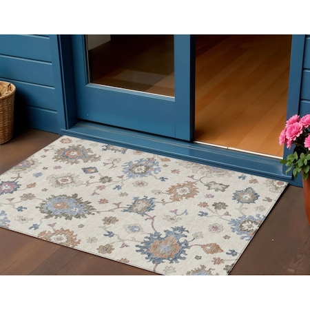 Homeroots 3' X 5' Ivory Brown And Blue Floral Washable Indoor Outdoor Area Rug 606158