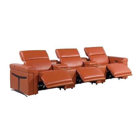 Homeroots 126" Camel Top Grain Leather Reclining Metal USB Sofa 720370