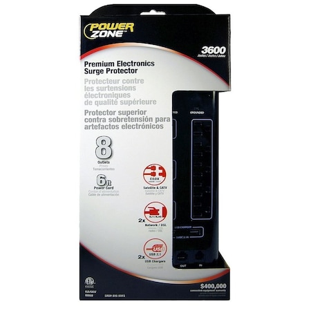 Powerzone Power Strip, Surge, 8 Outlet(s) Black OR503118