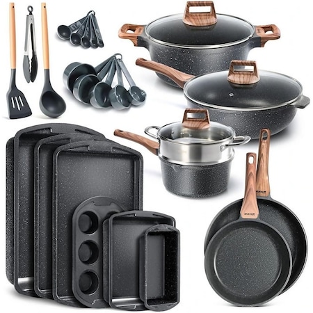 Bakken-Swiss 20-Piece Kitchen Cookware Set, Granite Non-Stick, Eco-Friendly, Oven-Safe BKCAS20MARB