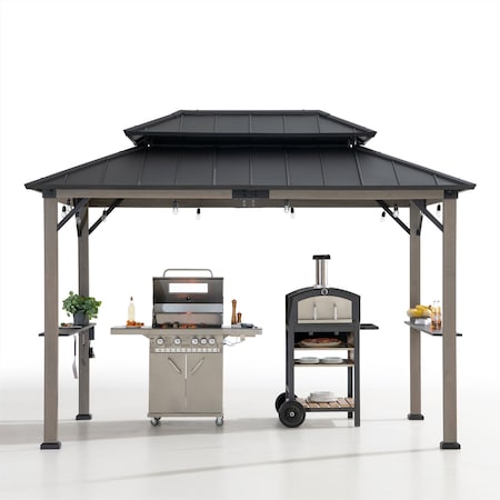 Sunjoy 8ft x 12ft Churchill Cedar Framed Grill Gazebo with exclusive AC Power Port A104003711