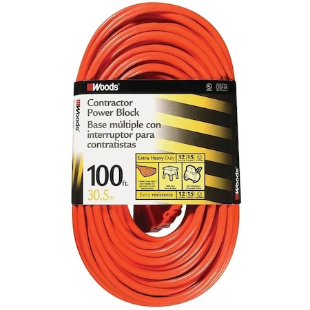 Southwire Extension Cord, 12 AWG, Outdoor, 3 Outlets, Orange, Vinyl, 100 ft 820