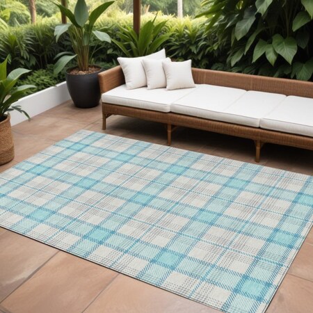 Homeroots 9' X 12' Aqua And Gray Plaid Washable Indoor Outdoor Area Rug 601318