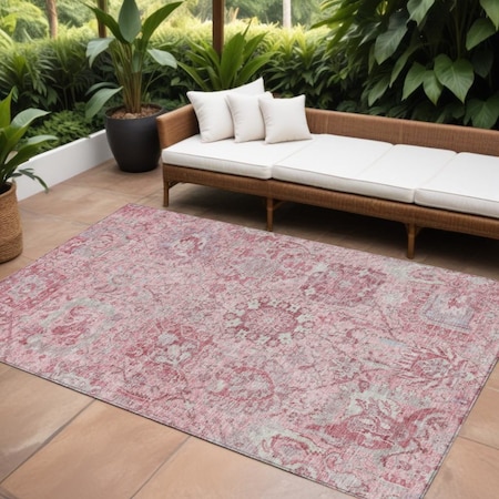 Homeroots 8' X 10' Pink And Gray Damask Washable Indoor Outdoor Area Rug 603782