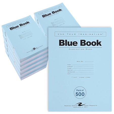 Roaring Spring Case of Exam Blue Books, 11" x 8.5", 6 Sheets/12 Pages, Wide Ruled with Margin, PK500 77516cs