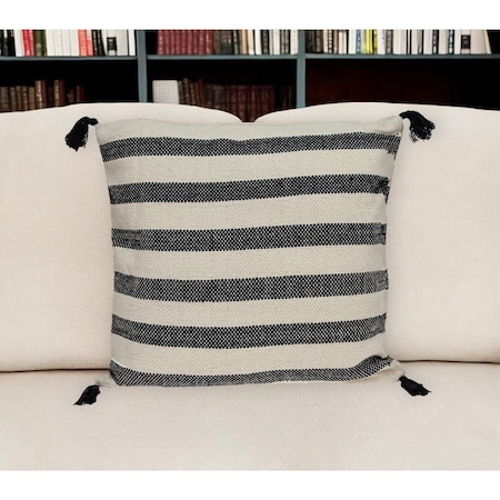 Homeroots 24" Beige and Black Striped Cotton Throw Pillow With Tassels 529188