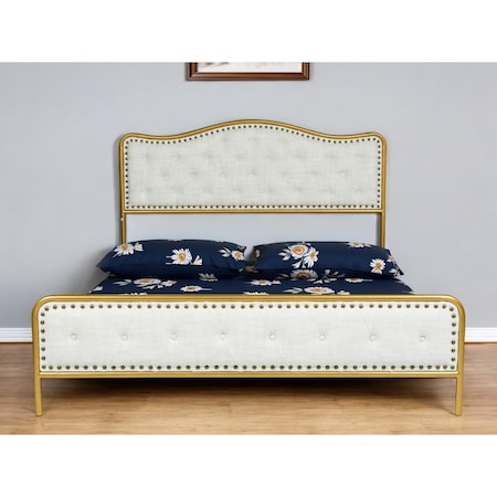 Homeroots Gold and Beige Metal And Tufted Upholstery Queen Bed Frame with Nailhead Trim 568242
