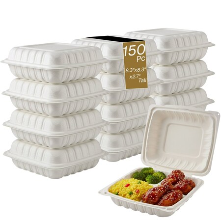 Eco Harmony Products Clamshell Hinged Food Storage Container, MFPP, Corner Lock, 3 compartments, 8.3" x 8.3", 150PK 804591