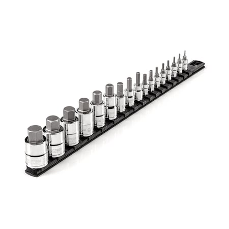 Tekton 1/4, 3/8, 1/2 Inch Drive Hex Bit Socket Set with Rail, 17-Piece 5/64-3/4 in. SHB99101
