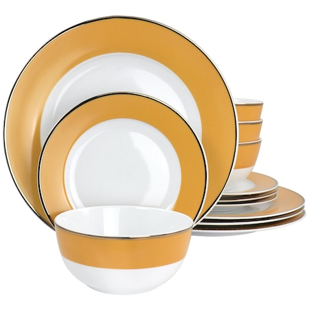 Martha Stewart Gold Rimmed 12 Piece Fine Ceramic Dinnerware Set in Yellow 97242.12