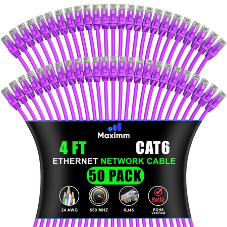 Maximm Cat6 Ethernet Cable 4ft 10Gbps 550MHz UTP, 50PK, Purple, 50PK CAT6CCA-4PU-50PK