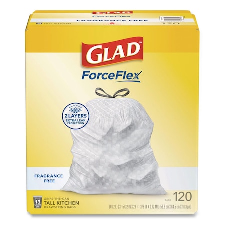 Glad Tall Kitchen Drawstring Trash Bags with LeakGuard, 13 gal, Unscented, 23.47" x 25.38", White, 120PK 78939