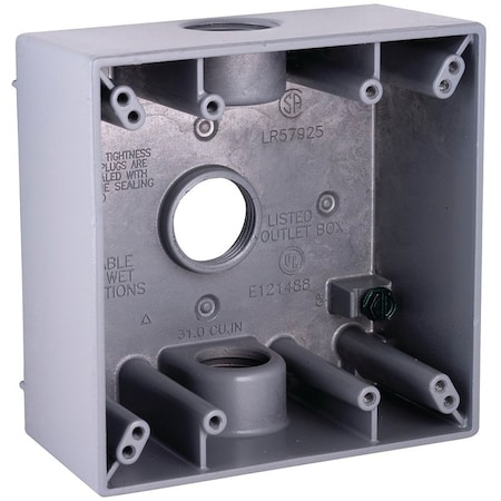 Hubbell Weatherproof Box, 3-Outlet, 2-Gang, Aluminum, Gray, Powder-Coated, Horizontal/Vertical 5341-0