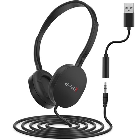 Venturex Stereo Kids Learning Phone & Computer Headphone, 3.5mm & USB-A Adapter, Black K22