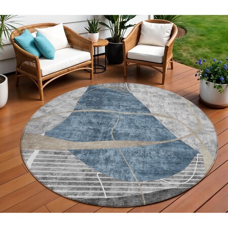 Homeroots 8' Blue Gray And Charcoal Round Abstract Washable Indoor Outdoor Area Rug 587574