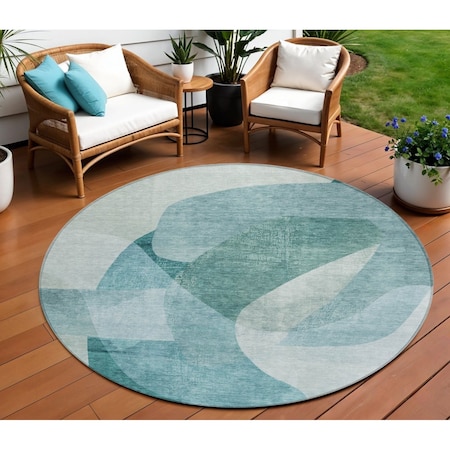 Homeroots 8' Teal Blue And Ivory Round Abstract Washable Indoor Outdoor Area Rug 630437